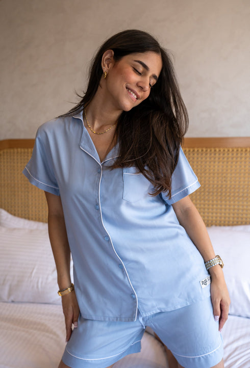 Women Summer Pajama Set Light Blue Buttoned Shirt + Shorts